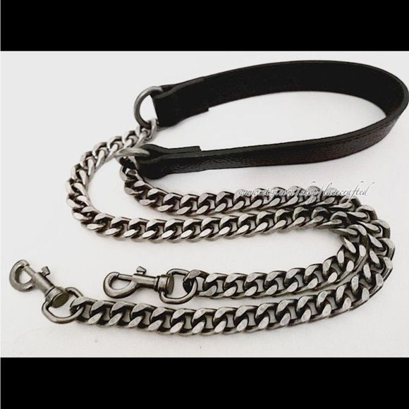 Handbags - Chain Crossbody Purse Strap - Genuine Leather & Gun Metal Chain - BLACK - 120cm